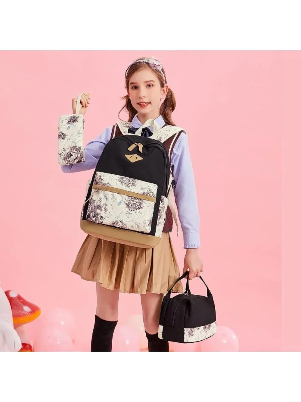Stylish Girls' 3-in-1 Backpack Set with Lunch Box & Pencil Bags for School